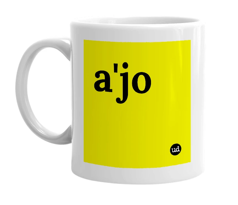 White mug with 'a'jo' in bold black letters