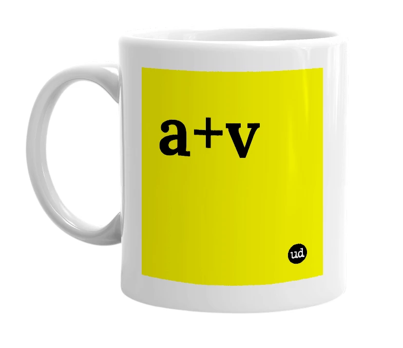 White mug with 'a+v' in bold black letters