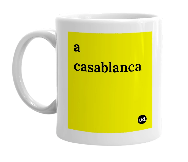 White mug with 'a casablanca' in bold black letters