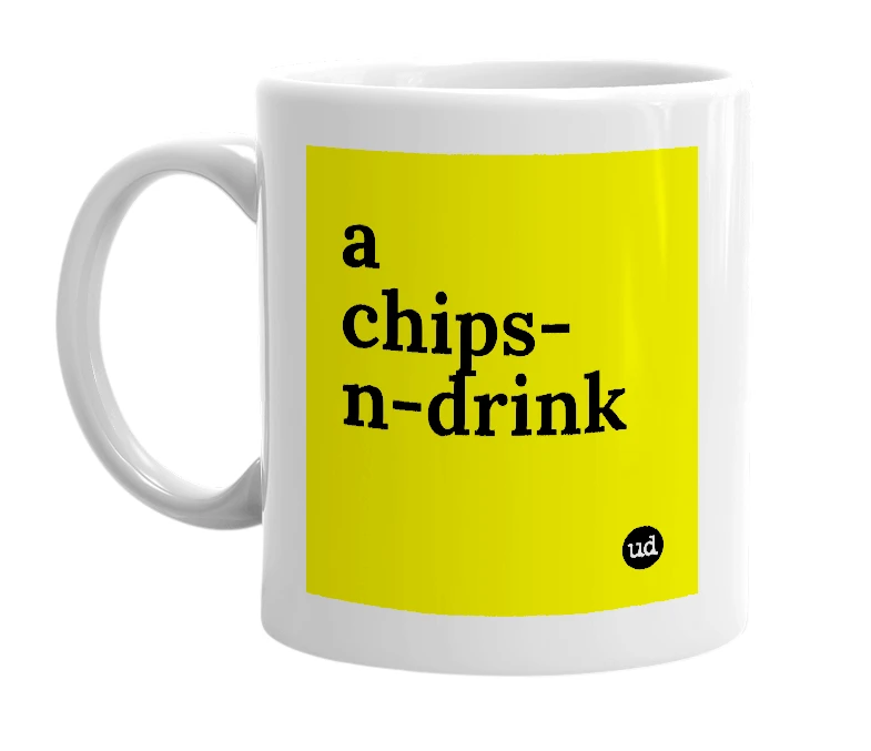 White mug with 'a chips-n-drink' in bold black letters