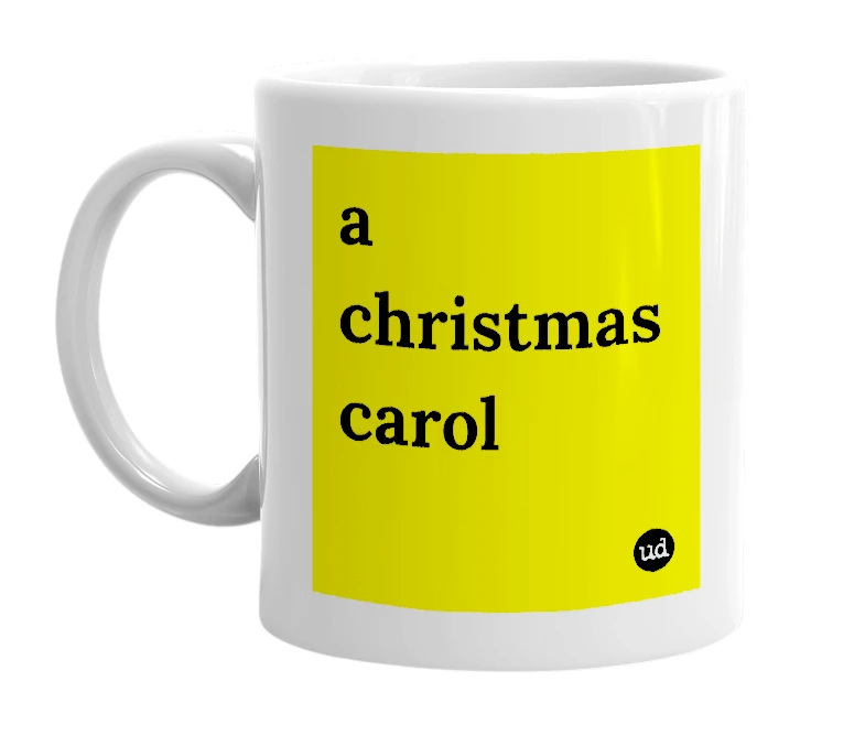 White mug with 'a christmas carol' in bold black letters