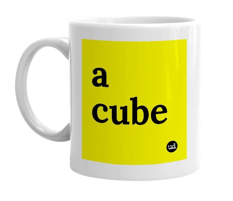 White mug with 'a cube' in bold black letters
