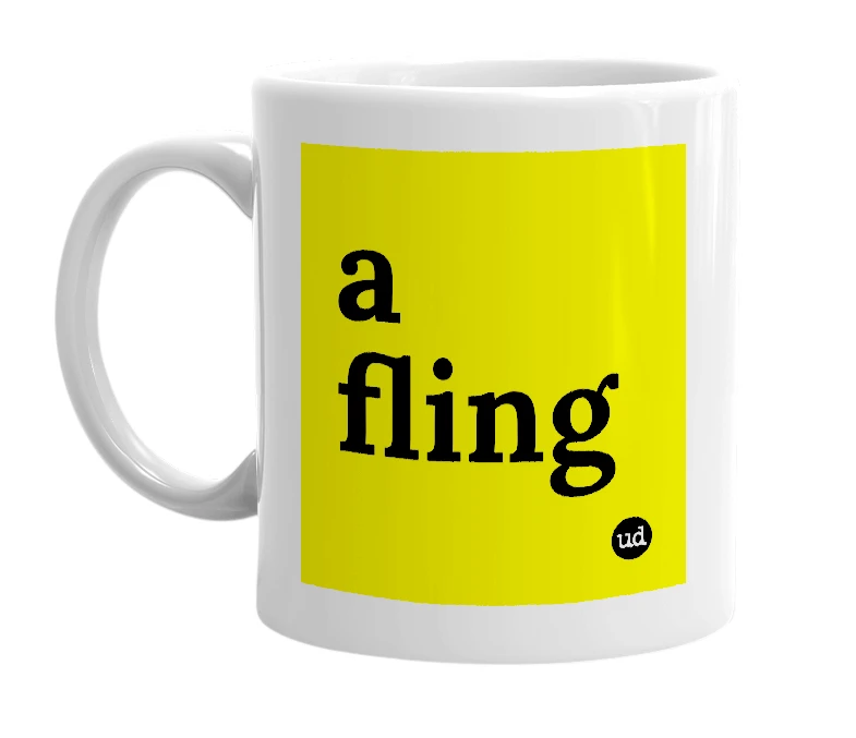 White mug with 'a fling' in bold black letters