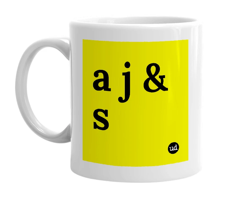 White mug with 'a j & s' in bold black letters