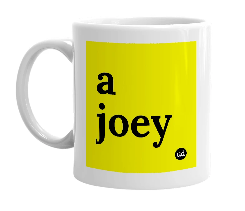 White mug with 'a joey' in bold black letters