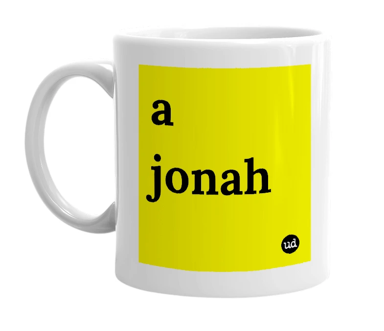 White mug with 'a jonah' in bold black letters