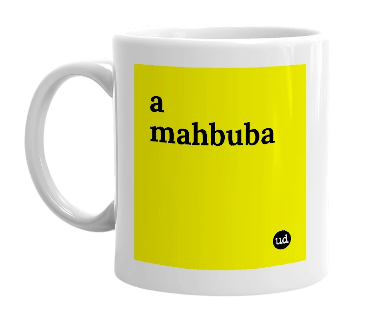 White mug with 'a mahbuba' in bold black letters