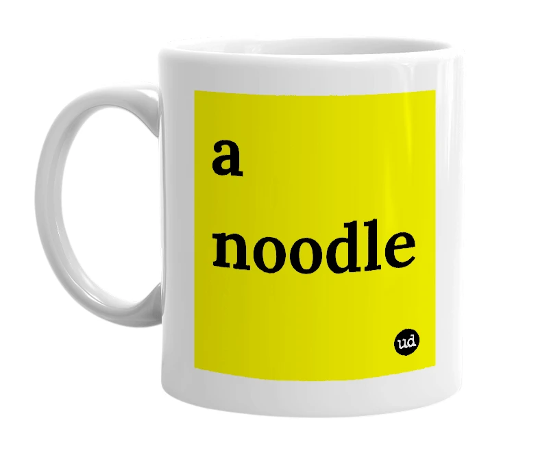 White mug with 'a noodle' in bold black letters