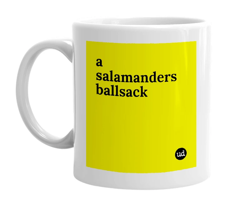 White mug with 'a salamanders ballsack' in bold black letters