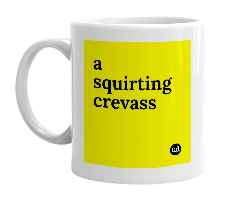 White mug with 'a squirting crevass' in bold black letters