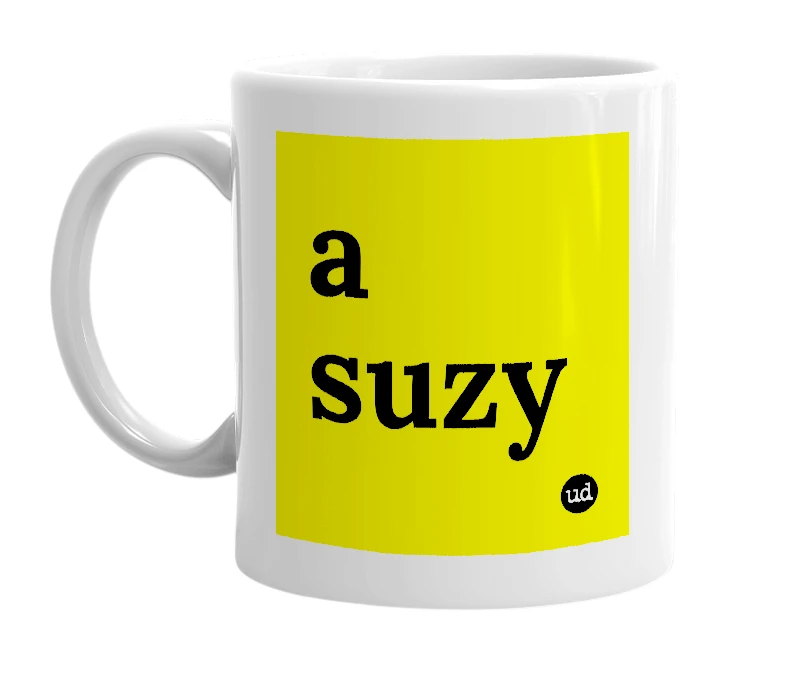 White mug with 'a suzy' in bold black letters