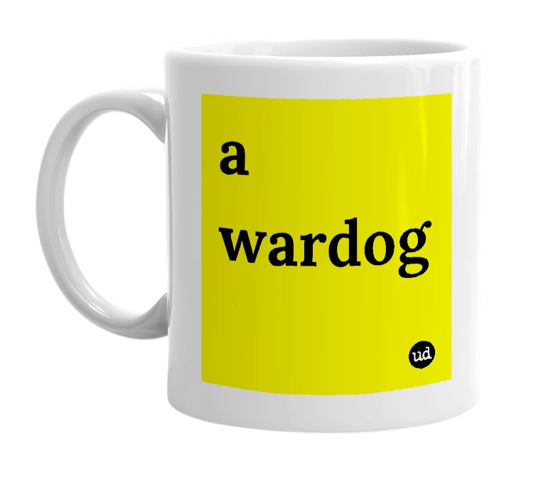 White mug with 'a wardog' in bold black letters
