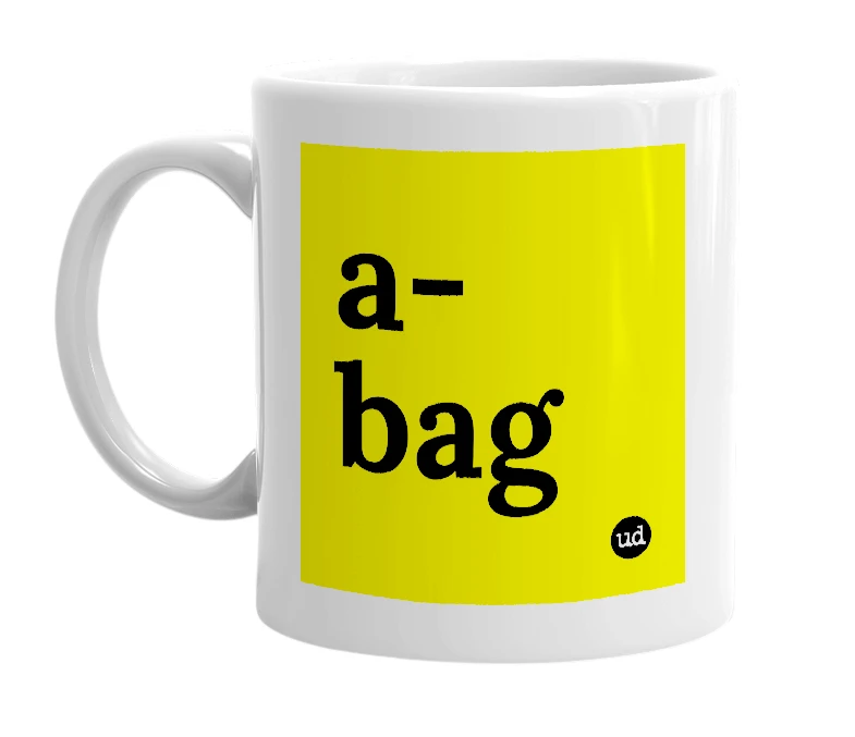 White mug with 'a-bag' in bold black letters