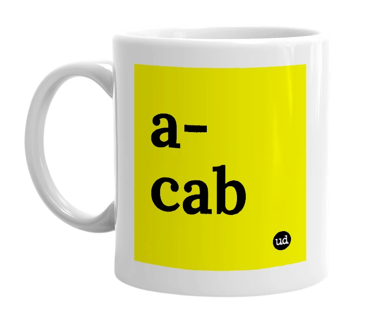 White mug with 'a-cab' in bold black letters