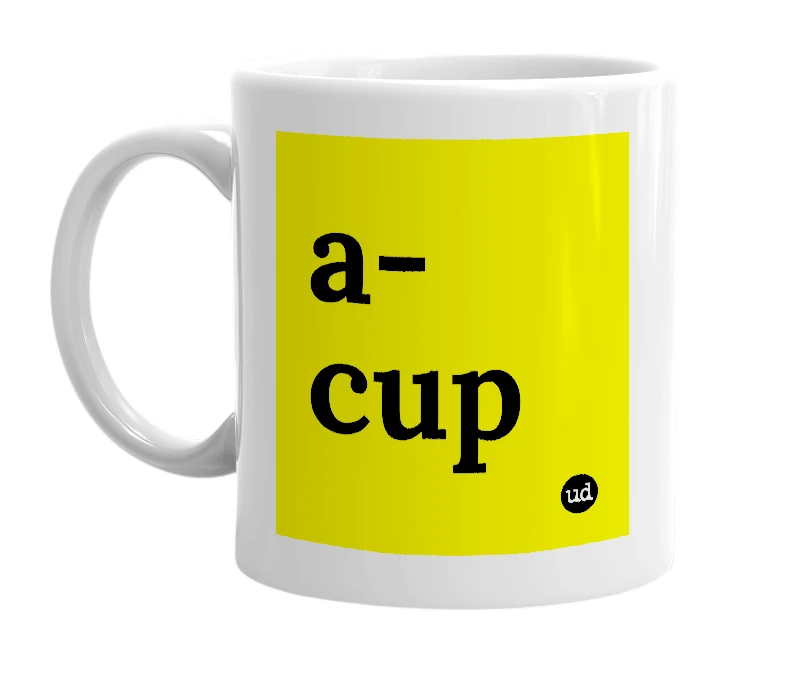 White mug with 'a-cup' in bold black letters