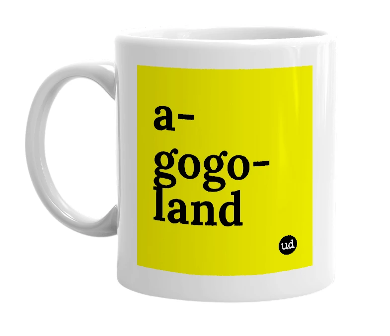 White mug with 'a-gogo-land' in bold black letters