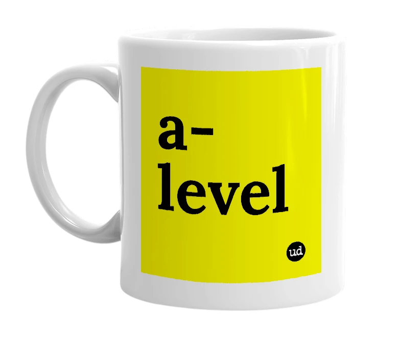 White mug with 'a-level' in bold black letters