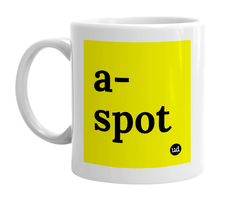 White mug with 'a-spot' in bold black letters