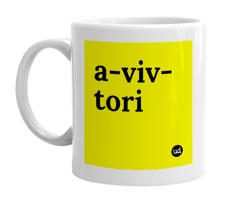 White mug with 'a-viv-tori' in bold black letters