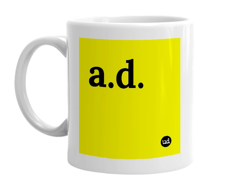 White mug with 'a.d.' in bold black letters