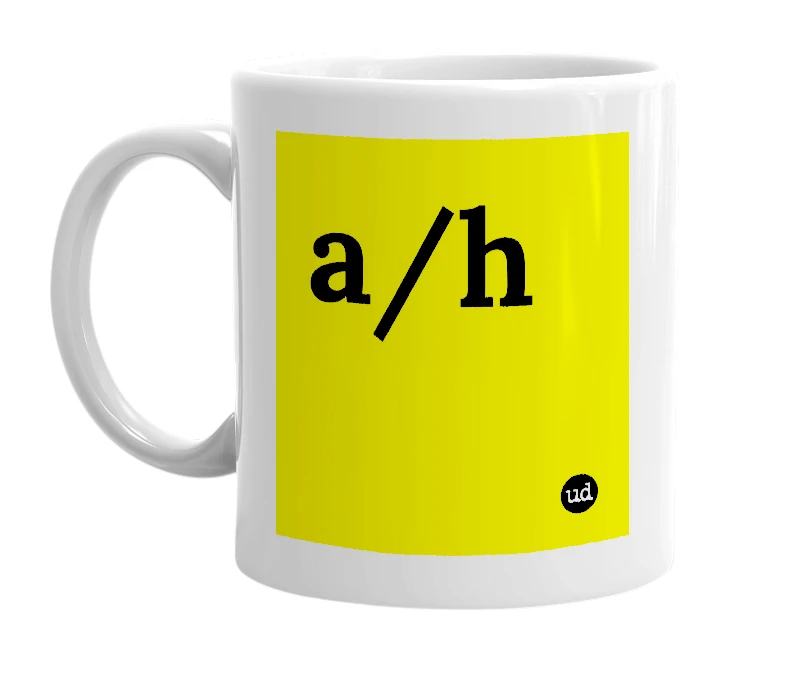 White mug with 'a/h' in bold black letters