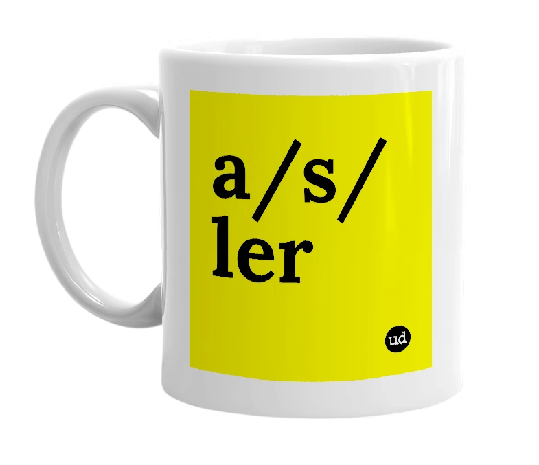 White mug with 'a/s/ler' in bold black letters