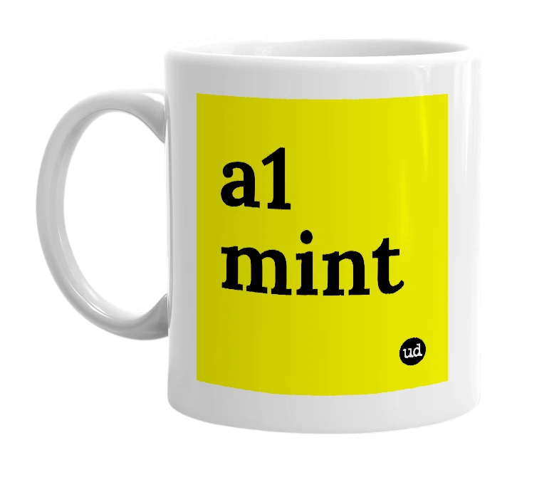 White mug with 'a1 mint' in bold black letters