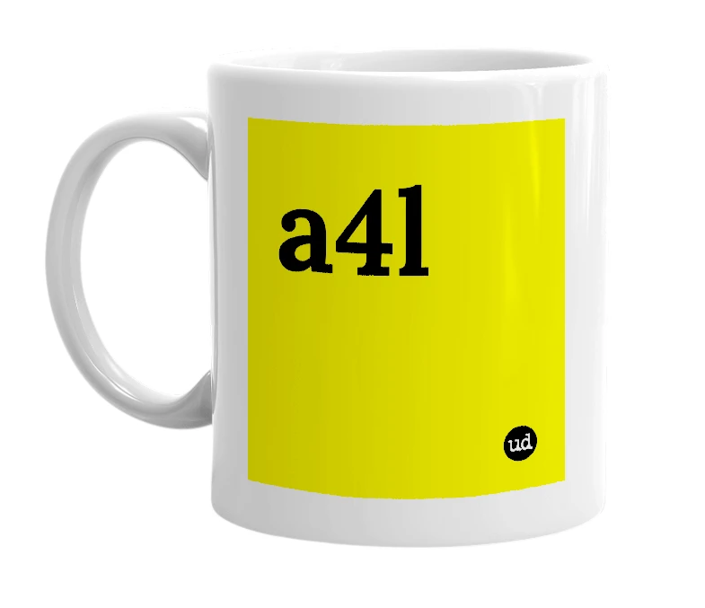 White mug with 'a4l' in bold black letters