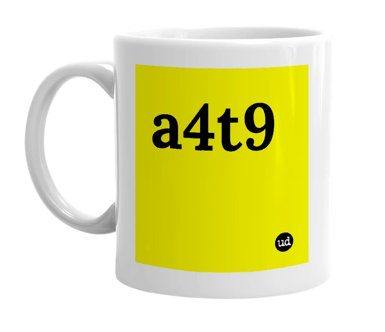 White mug with 'a4t9' in bold black letters