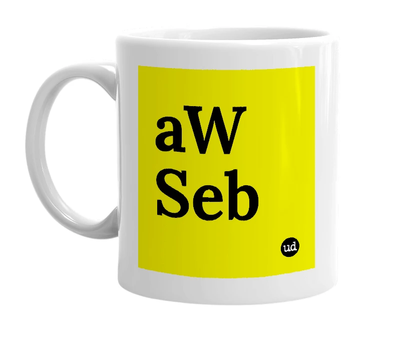 White mug with 'aW Seb' in bold black letters