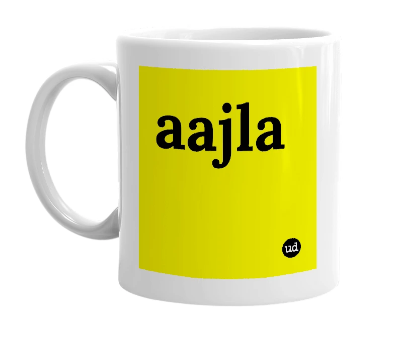 White mug with 'aajla' in bold black letters