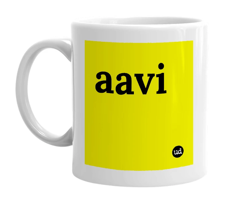 White mug with 'aavi' in bold black letters