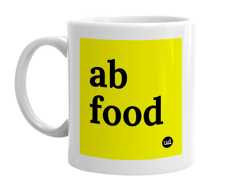 White mug with 'ab food' in bold black letters