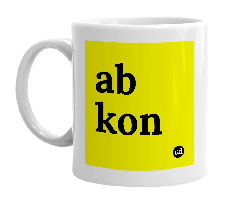 White mug with 'ab kon' in bold black letters