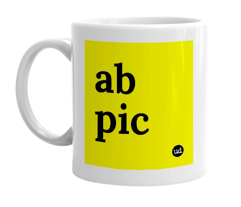 White mug with 'ab pic' in bold black letters