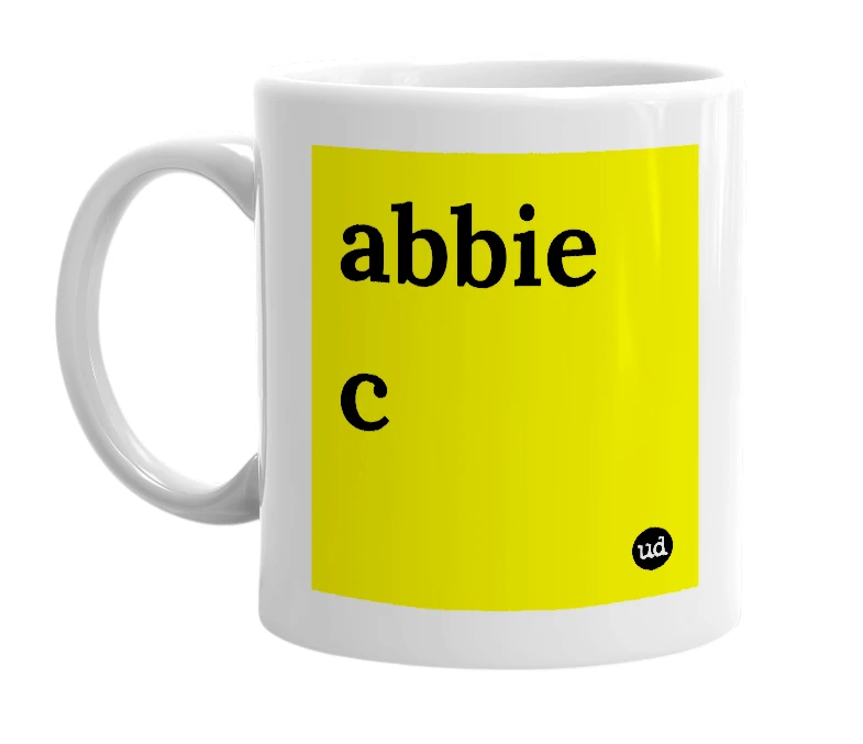 White mug with 'abbie c' in bold black letters