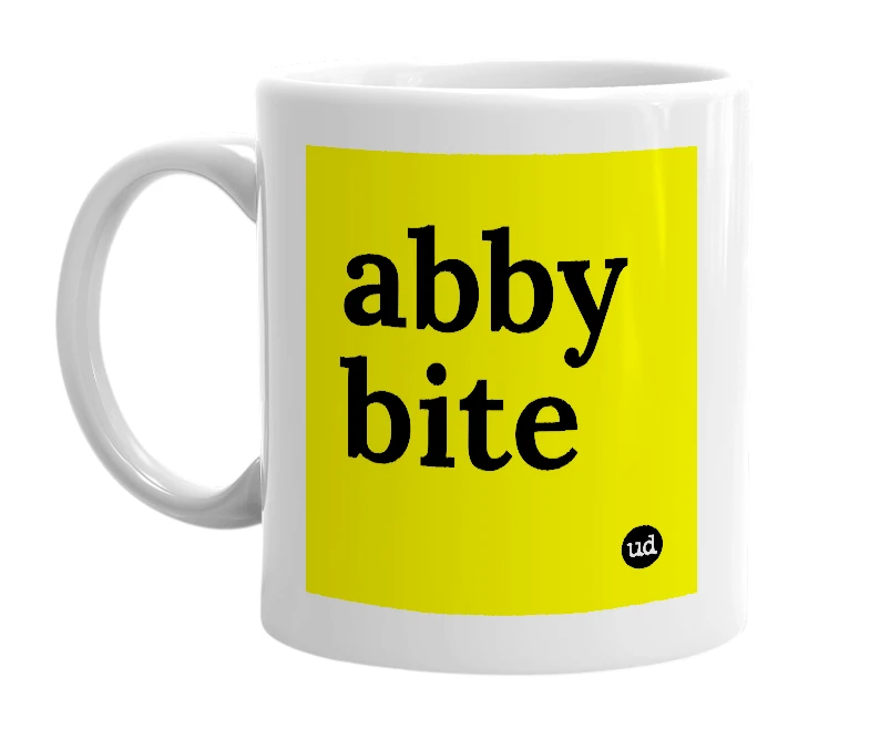 White mug with 'abby bite' in bold black letters
