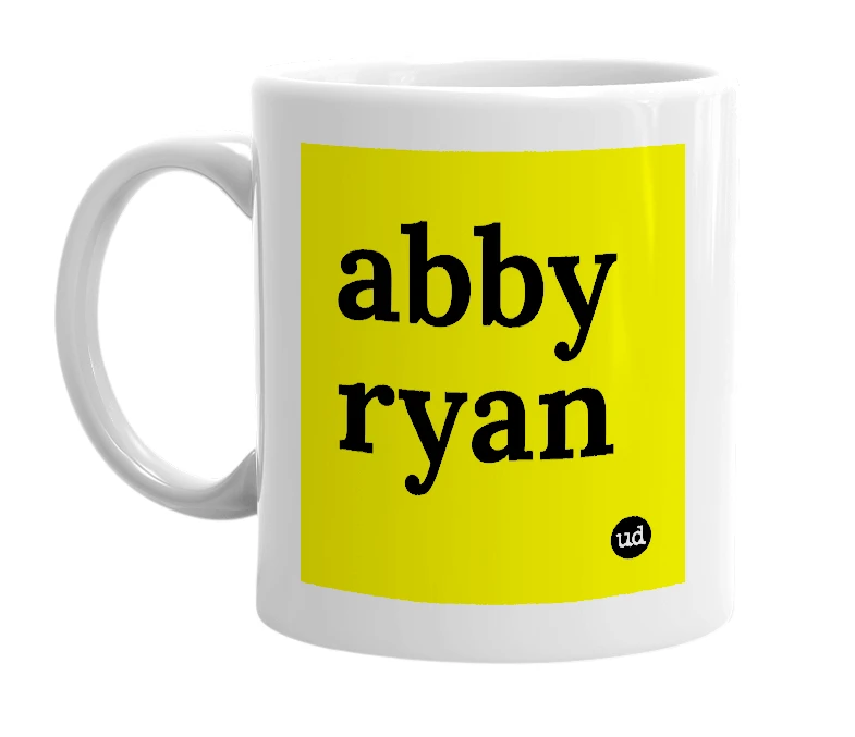 White mug with 'abby ryan' in bold black letters