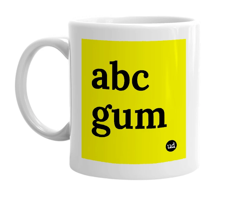 White mug with 'abc gum' in bold black letters