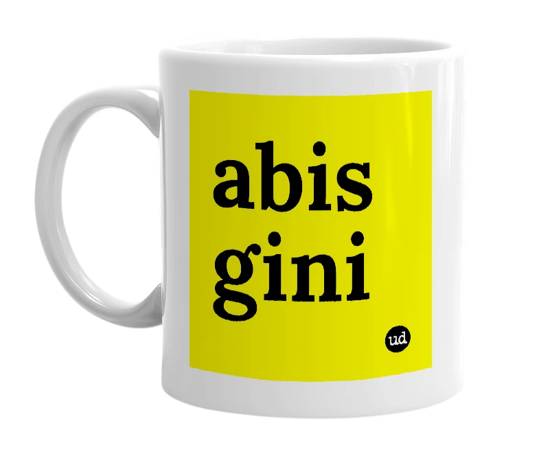 White mug with 'abis gini' in bold black letters