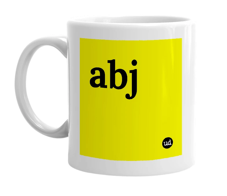 White mug with 'abj' in bold black letters