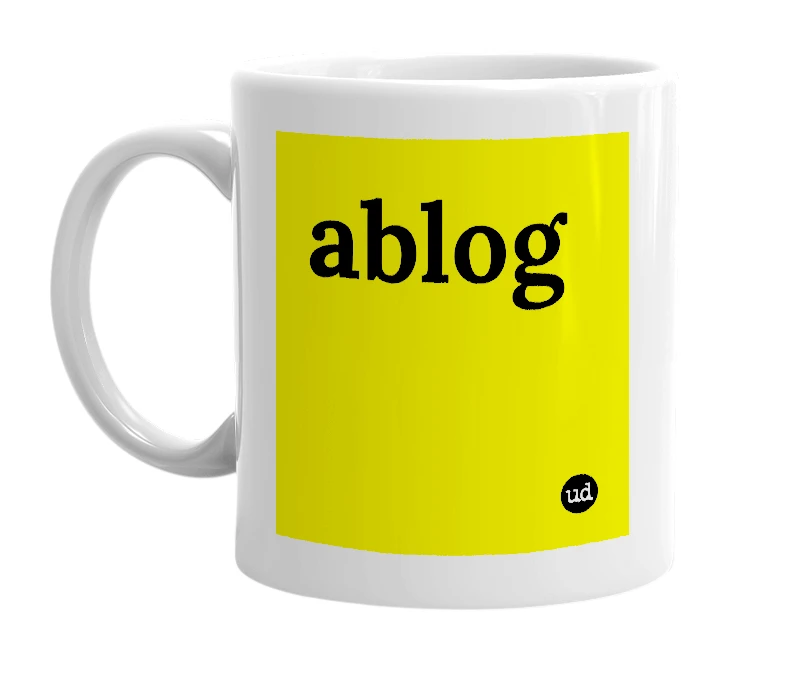 White mug with 'ablog' in bold black letters