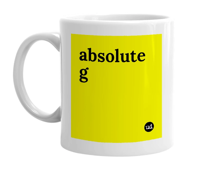 White mug with 'absolute g' in bold black letters