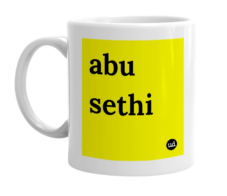 White mug with 'abu sethi' in bold black letters
