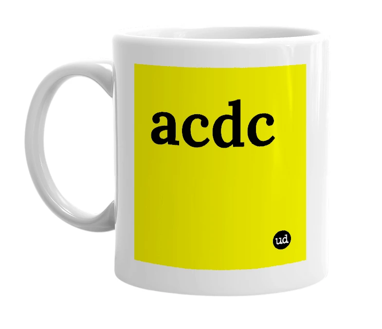 White mug with 'acdc' in bold black letters