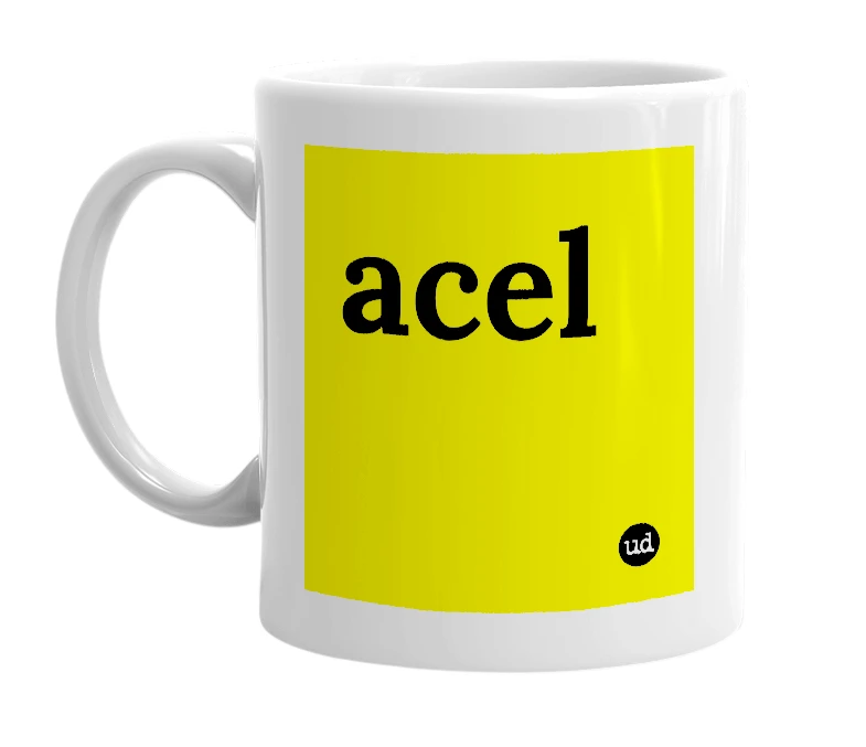 White mug with 'acel' in bold black letters