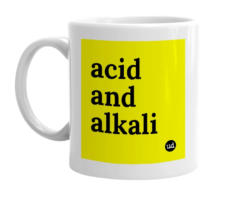 White mug with 'acid and alkali' in bold black letters