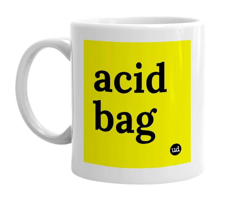 White mug with 'acid bag' in bold black letters