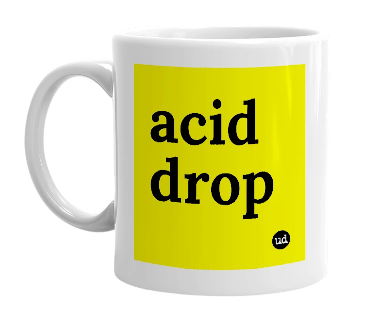 White mug with 'acid drop' in bold black letters