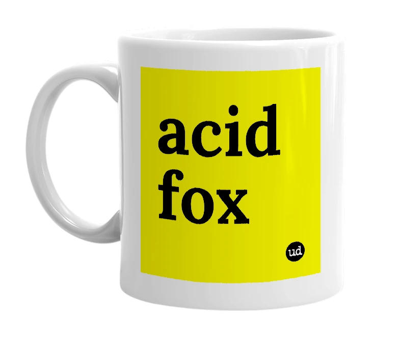 White mug with 'acid fox' in bold black letters